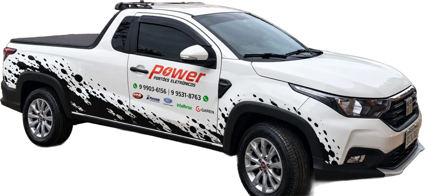 Picape da Power Portões, branca com a logo e os telefones na porta